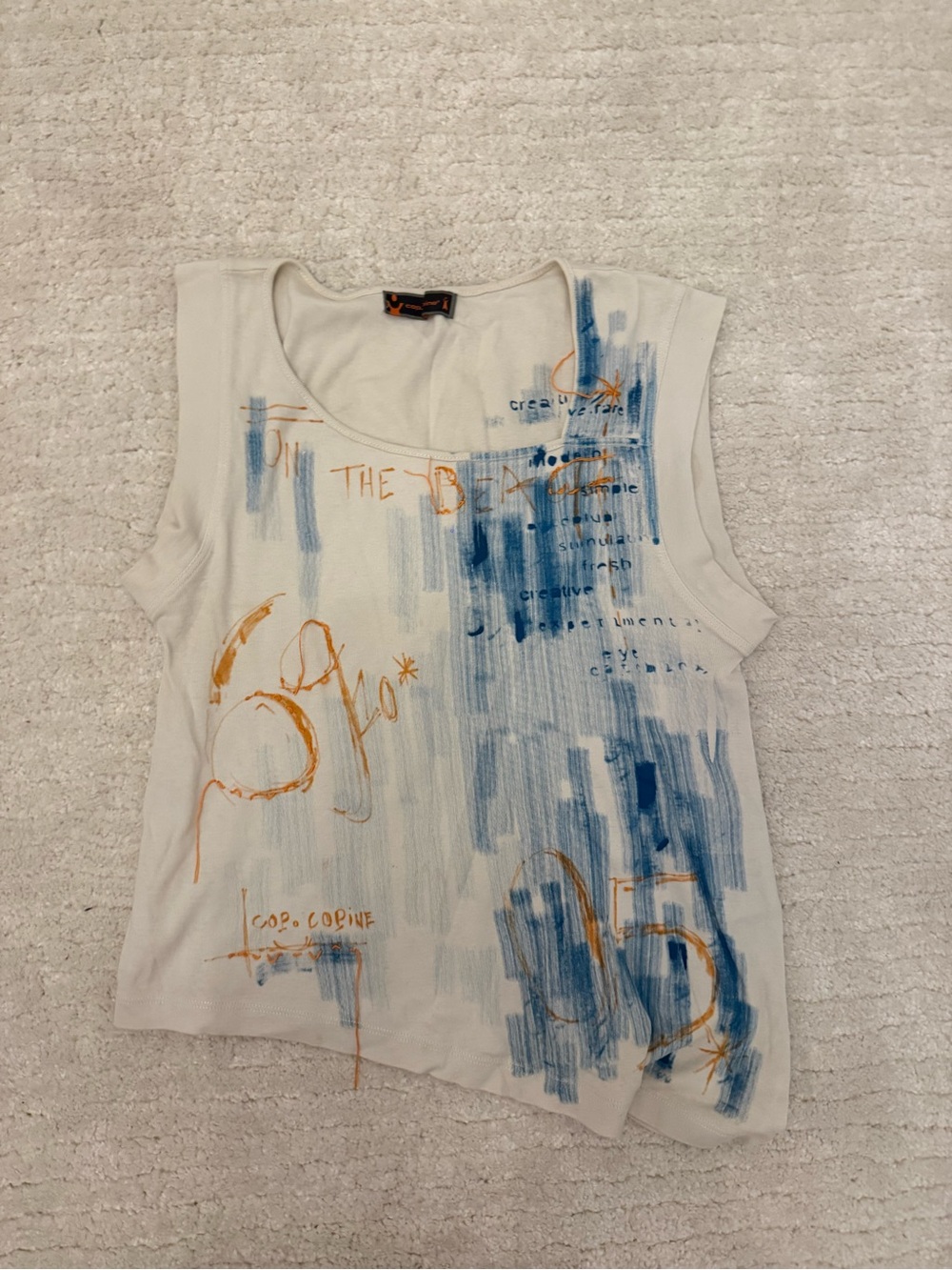 Cop.Copine Cream Tank Top with Blue & Orange Brushstroke Print & Asymmetric Hem